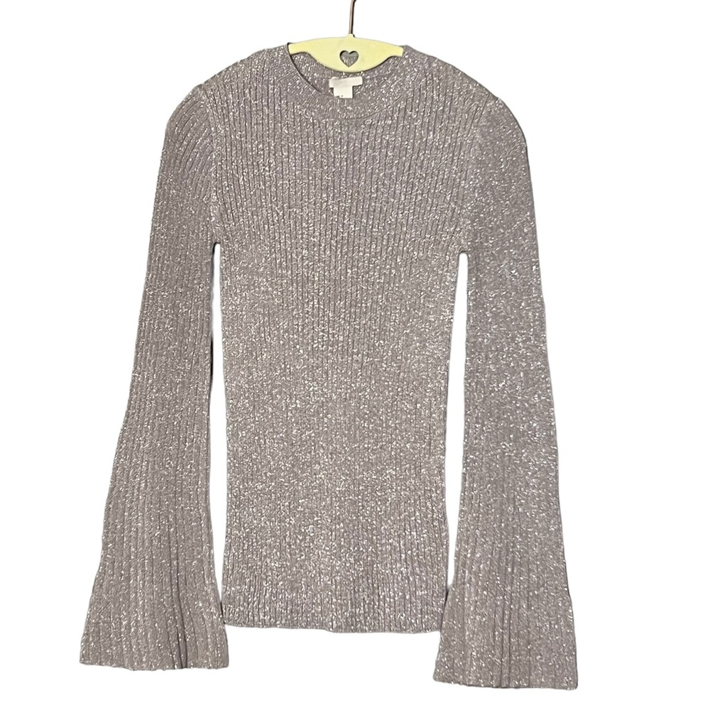 H&M Women’s Lavender Purple Glitter Bell Sleeve Crew Neck Ribbed Shirt